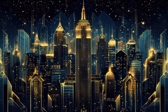 Golden city skyline lit up at night in a geometric art deco style