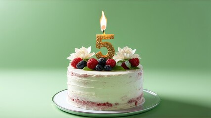 cake on green background, space for text, birthday greeting, five years, candle burning, berries and decoration on a cupcake