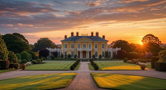 Classic mansion with a well kept lawn and sunset in the distance