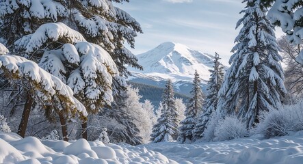 Close up of snow covered trees with a snowy mountain in the distance