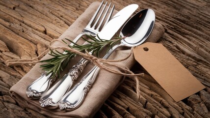 Antique silverware. Fork, knife and spoon wrapped in a linen napkin. A sprig of rosemary is placed on a napkin, and the whole set is tied with twine. The cutlery is laid out on a wooden surface. 