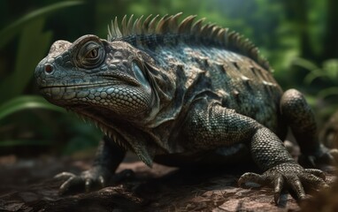 Fototapeta premium Close-up of an Iguana in a Tropical Forest