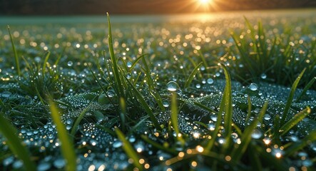 Fresh morning dew on grass with early sunlight glow