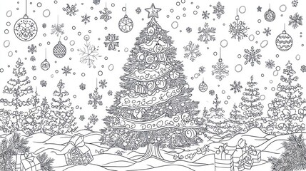 Festive Holiday Scene with Decorated Christmas Trees and Snowflakes Line Art