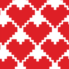 Pixels Stylized Heart shape Seamless pattern in trendy monochrome red. St Valentine Day Background