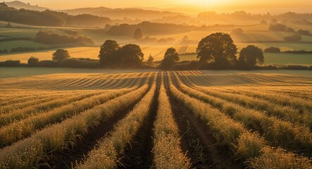 Obraz premium Golden morning light over wide open field