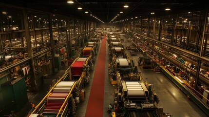 Obraz premium Aerial view of a large textile manufacturing plant, with rows of machinery and workers bustling in coordination.