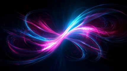 Naklejka premium 3D render, abstract neon light background with glowing lines in blue and pink colors flying around the center of view