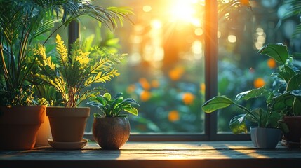 Fototapeta premium Sunlit greenhouse with potted plants