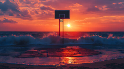 A basketball court on a beach, with waves crashing in the background and the hoop casting shadows, during a vibrant sunset