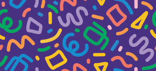 Fun colorful line doodle seamless pattern for kids birthday party or celebration background, trendy design with scribble shapes on black backdrop