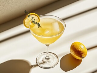 Refreshing citrus cocktail garnished with lemon slices and thyme on a sunlit table