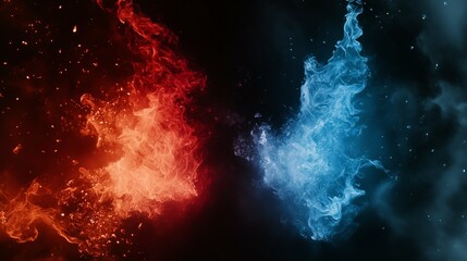 Red and blue flames on a black background, red fire and ice, a hot versus cold concept, red flames on the left side of the screen, a blue flame on the right side of the frame