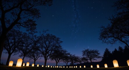 Night sky with silhouetted trees and soft glowing lanterns