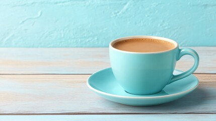 Fototapeta premium Morning Coffee in Teal Cup on Blue Wooden Table