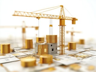 A construction scene with a crane and stacks of coins, symbolizing investment and growth.