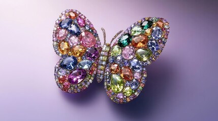 A butterfly-shaped brooch made with multicolored gemstones, set against a lavender-toned gradient background.