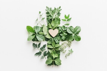 Creative Representation of Health With a Medical Cross Shaped From Green Leaves and a Small Heart at the Center on a White Background