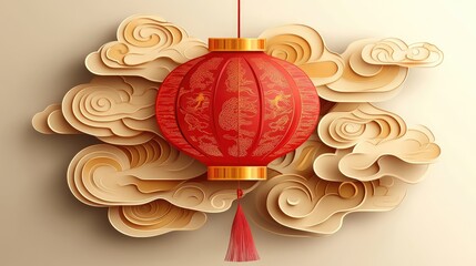 Red Chinese Lantern Hanging Amidst Elegant Gold Clouds