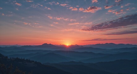 Romantic sunset lighting over distant mountains background