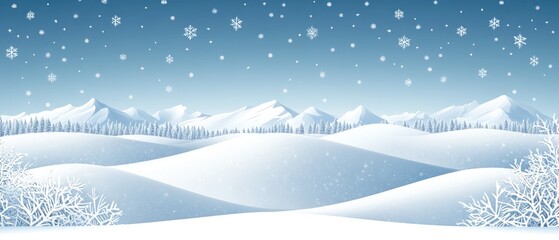 Serene Winter Landscape With Snow Falling Softly Over Mountains