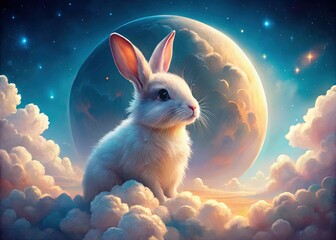 Adorable Rabbit on Fluffy Clouds Gazing at the Moon - Magical Fantasy Stock Photo
