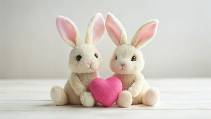 Fototapeta premium Adorable Toy Bunnies with Pink Heart - Selective Focus Stock Photo
