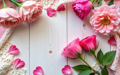 Obraz premium A romantic Valentine's Day scene featuring pink and red roses, a blank card, lace, and delicate hearts, creating a perfect background for love letters or romantic messages.