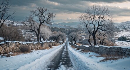Snowy medieval Greek road in winter with barren trees and cloudy sky