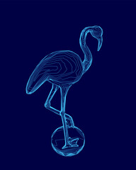 Blue drawing of a flamingo standing on a ball. The image has a whimsical and playful mood, as the flamingo is depicted as a circus performer balancing on a ball
