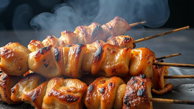 Grilled scallops on skewers with a golden-brown crust, seasoned with spices and garnished with crispy garlic bits, served on a dark plate.
