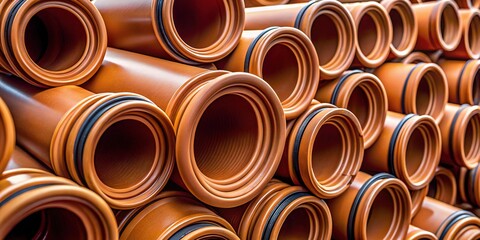 Close-up of Brown Plastic Plumbing Pipes with Rubber Seals on Construction Site