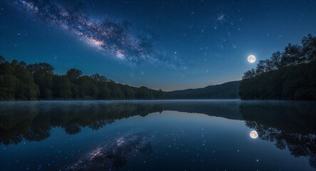 Starry night sky over tranquil lake with moon reflection