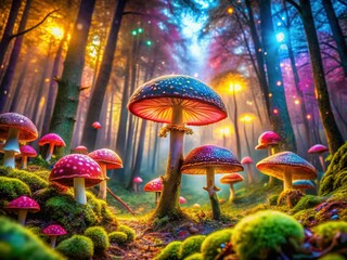 Fototapeta premium Dreamlike Double Exposure: Enchanted Forest Mushrooms, Fantasy Nature Photography