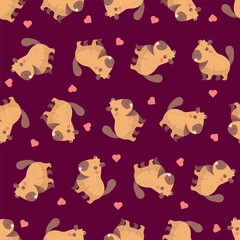 Capybara Love Pattern with Hearts. Playful seamless pattern featuring cute capybaras and pink hearts on a dark maroon background. Perfect for fun, animal-themed designs