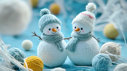 Obraz premium Cute snowmen yarn winter holiday greeting card