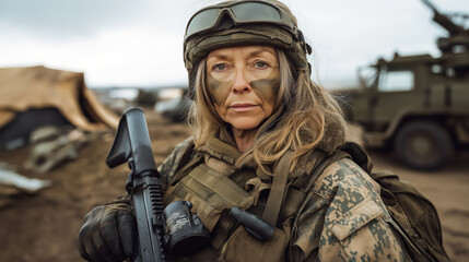 senior female soldier in full combat gear with camouflage face paint rifle, standing in military camp with vehicles in background, representing bravery, resilience, and the concept of military service
