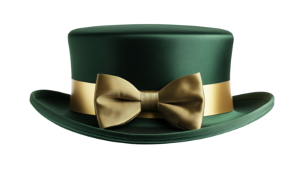 Close-up of a green fedora hat with a golden ribbon tied around the brim. the hat is placed on a 
 transparent background, making the hat stand out