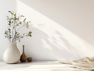 A serene arrangement featuring a vase with branches, wooden objects, and a soft blanket.