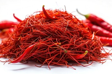 Fototapeta premium Red Chili Pepper Threads Isolated on White Background - Spicy Food Ingredient Stock Photo