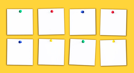 To-do list background with sticky notes pinned to a yellow wall. Organized reminders for daily tasks and responsibilities. Simple and practical design for office or home use. Isolated paper squares.