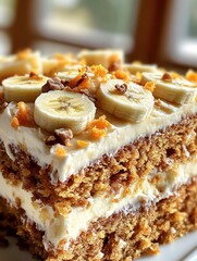 Delicious carrot cake with banana slices and walnuts displayed on a white plate near a window