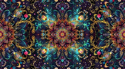 A colorful mandala pattern with gold accents on a dark background.