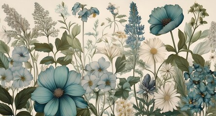 A beautiful arrangement of intricately drawn wildflowers featuring soft blues, greens, and white tones. Perfect for nature-inspired designs, backgrounds or decor reflecting a calm and serene aesthetic