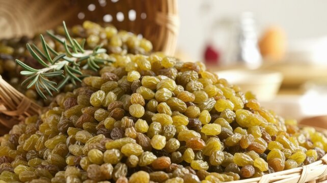 Photo of dried green kishmish Sundar Khani (raisins) in a basket. The basket is partially visible. There is a sprig of rosemary on the raisins. The background is slightly blurred.