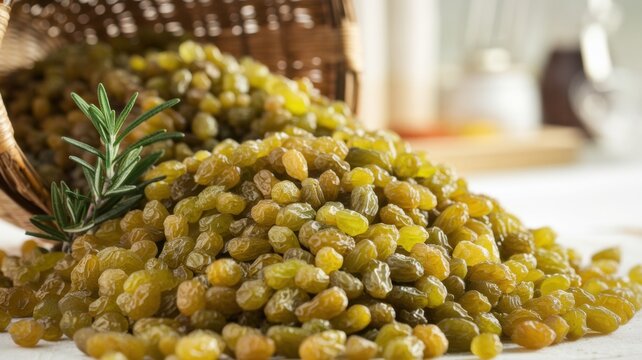 Photo of dried green kishmish Sundar Khani (raisins) in a basket. The basket is partially visible. There is a sprig of rosemary on the raisins. The background is slightly blurred.