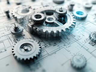 Mechanical gears on blueprint: engineering and innovation concepts