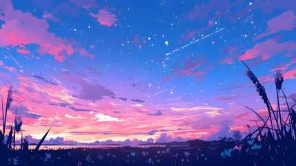 A vivid summer night sky with cosmic elements, anime style