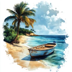 Tropical beach serenity with lonely boat and palm tree