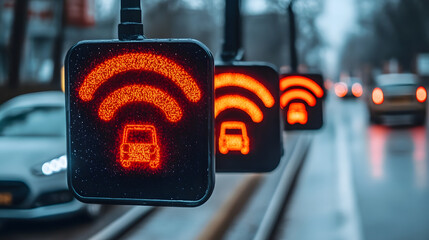 Modern Traffic Signal with Wi-Fi Connectivity Icons Representing Smart City Technology Integration